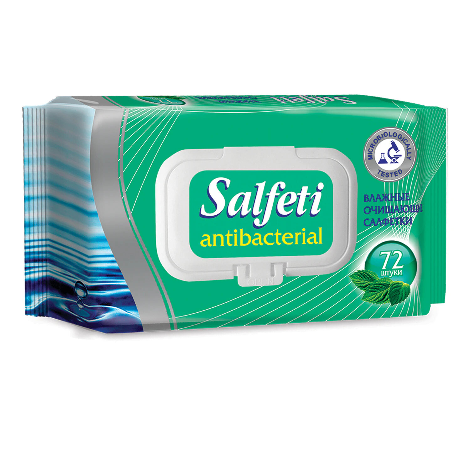 Салфетки влажные 72 шт., SALFETI Antibacterial, антибактериальные, крышка клапан