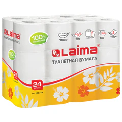 Бумага туалетная бытовая, спайка 24 шт., 2-слойная (24&times;18,5 м), LAIMA, белая, 128719