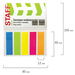 Закладки клейкие неоновые STAFF, 45&times;12 мм, 100 штук (5 цветов х 20 листов), на пластиковом основании, 129355