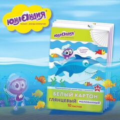 Картон белый А4 МЕЛОВАННЫЙ (белый оборот), 10 листов, в папке, ЮНЛАНДИЯ, 200&times;290 мм, &laquo;АКУЛА&raquo;, 129569
