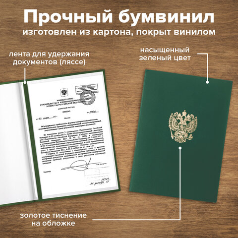 Папка адресная бумвинил с гербом России, формат А4, зеленая, индивидуальная упаковка, STAFF "Basic",