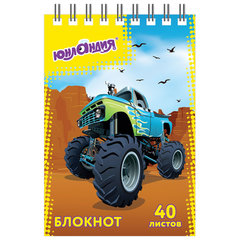 Блокнот МАЛЫЙ ФОРМАТ А7 75&times;105 мм, 40 л., гребень, картон, клетка, ЮНЛАНДИЯ, &laquo;Монстр-трак" / "Футбол&raquo;, 129859