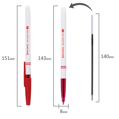 Ручка шариковая BRAUBERG "Офисная", КРАСНАЯ, корпус белый, узел 1 мм, линия письма 0,5 мм, 140892 - фото 7