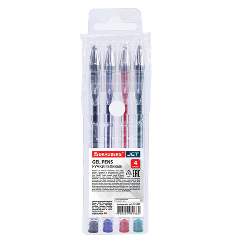 Ручки гелевые BRAUBERG "Jet", НАБОР 4 ЦВЕТА, узел 0,5 мм, линия письма 0,35 мм, 141023