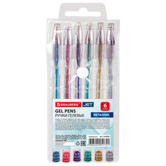 Ручки гелевые BRAUBERG &laquo;Jet&raquo;, НАБОР 6 ЦВЕТОВ, МЕТАЛЛИК, узел 0,7 мм, линия письма 0,5 мм, 141029