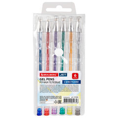 Ручки гелевые BRAUBERG "Jet", НАБОР 6 ЦВЕТОВ, БЛЕСТКИ, узел 1 мм, линия письма 0,8 мм, 141030