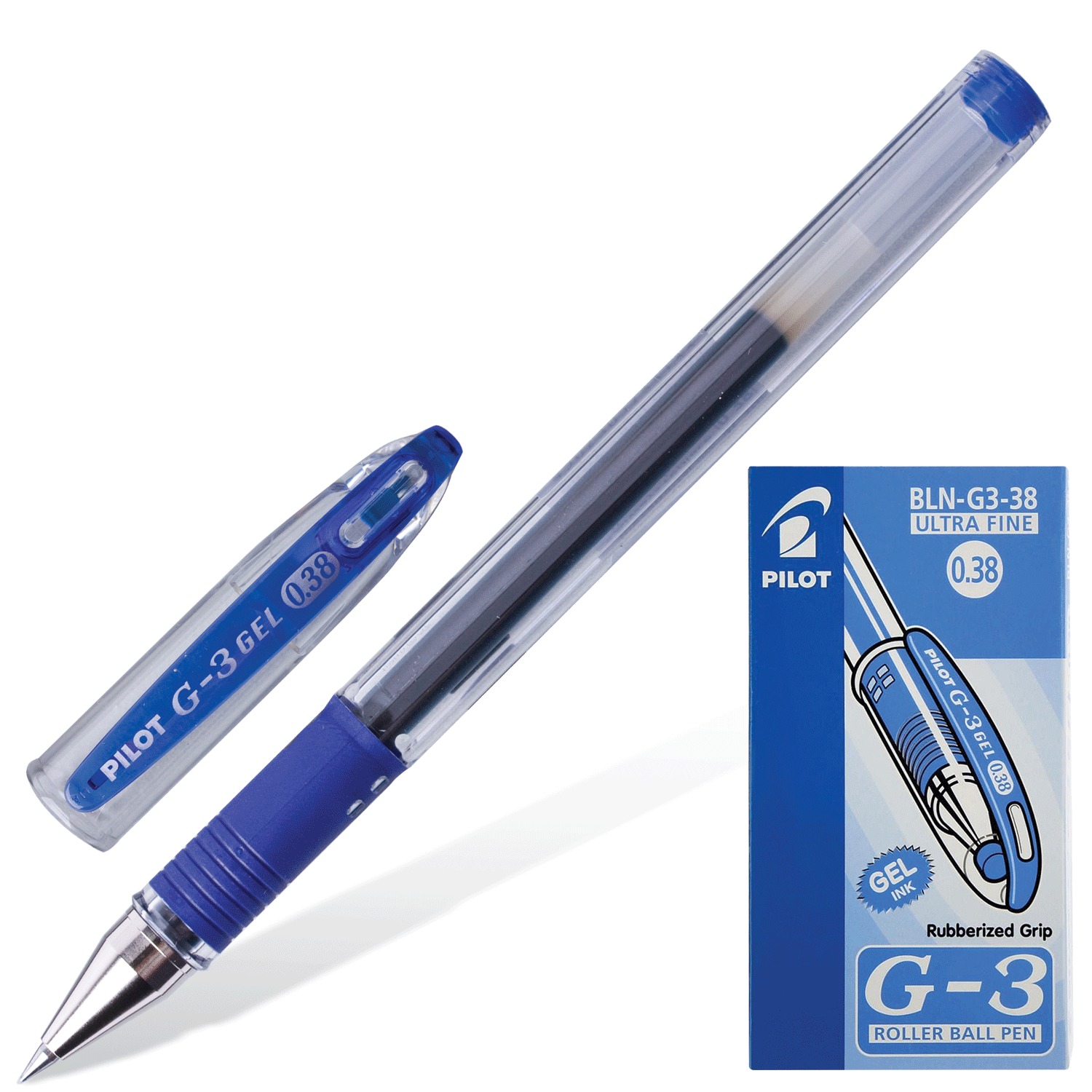 Ручка гелевая PILOT "G-3", корпус прозрачный, узел 0,38 мм, линия 0,2 мм, резиновый упор, синяя