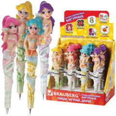 Ручка фигурная "РУСАЛОЧКИ", СИНЯЯ, 4 дизайна ассорти, линия письма 0,5 мм, дисплей, BRAUBERG, 142761
