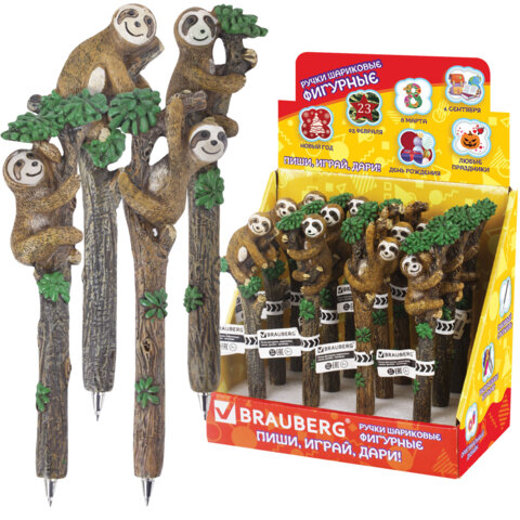 Ручка фигурная "ЛЕНИВЦЫ", СИНЯЯ, 4 дизайна ассорти, 0,5 мм, дисплей, BRAUBERG, 142762