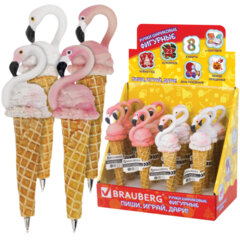 Ручка фигурная "МОРОЖЕНОЕ-ФЛАМИНГО", СИНЯЯ, 4 дизайна ассорти, 0,5 мм, дисплей, BRAUBERG, 142764