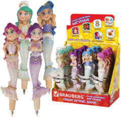 Ручка фигурная "РУСАЛОЧКИ-2", СИНЯЯ, 4 дизайна ассорти, линия письма 0,5 мм, дисплей, BRAUBERG, 142773