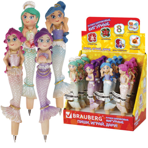 Ручка фигурная "РУСАЛОЧКИ-2", СИНЯЯ, 4 дизайна ассорти, линия письма 0,5 мм, дисплей, BRAUBERG, 142773