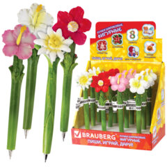 Ручка фигурная &laquo;ЦВЕТОЧКИ&raquo;, СИНЯЯ, 4 дизайна ассорти, линия письма 0,5 мм, дисплей, BRAUBERG, 142775