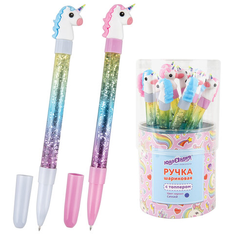 Ручка с топпером и блестками шариковая ЮНЛАНДИЯ "Единорог", детали ассорти, СИНЯЯ, пишущий узел 0,7 мм, 143791