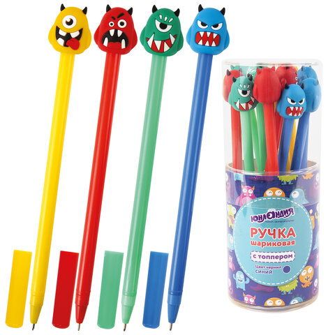 Ручка с топпером шариковая ЮНЛАНДИЯ "Монстрик", корпус ассорти, СИНЯЯ, пишущий узел 0,7 мм, 143798