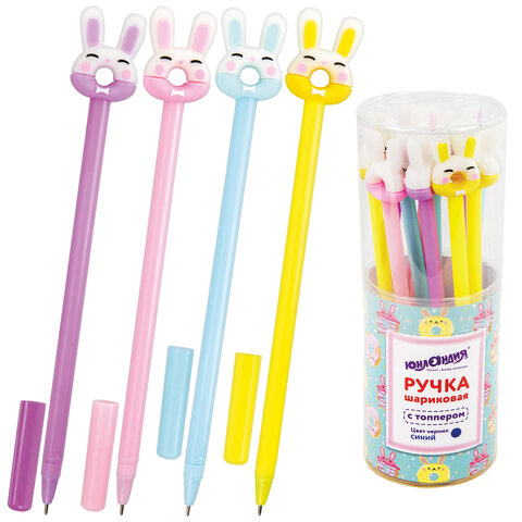 Ручка с топпером шариковая ЮНЛАНДИЯ "Зайка-пончик", корпус ассорти, СИНЯЯ, пишущий узел 0,7 мм, 143802