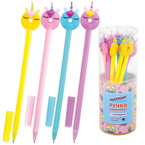Ручка с топпером шариковая ЮНЛАНДИЯ "Единорог-пончик", корпус ассорти, СИНЯЯ, пишущий узел 0,7 мм, 143803