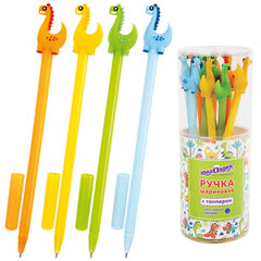 Ручка с топпером шариковая ЮНЛАНДИЯ &laquo;Динозаврик&raquo;, корпус ассорти, СИНЯЯ, пишущий узел 0,7 мм, 143809