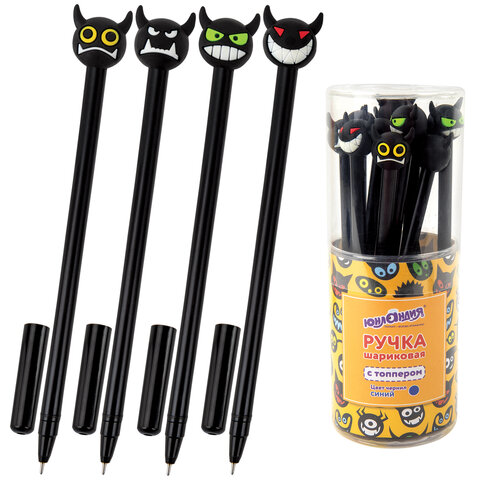 Ручка с топпером шариковая ЮНЛАНДИЯ "Чертёнок", корпус ассорти, СИНЯЯ, пишущий узел 0,7 мм, 143812