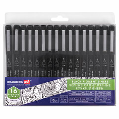 Капиллярные ручки линеры 16 шт. черные, 0,15-3,0 мм, BRAUBERG ART CLASSIC, 143946