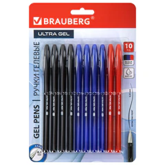 Ручки гелевые BRAUBERG &laquo;ULTRA GEL&raquo;, НАБОР 10 ШТУК (4 ЧЕРНЫХ, 4 СИНИХ, 2 КРАСНЫХ), стандартный наконечник 0,5 мм, линия 0,35 мм, 144270
