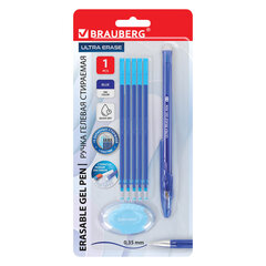 Ручка стираемая гелевая + 5 стержней + ластик, BRAUBERG "ULTRA ERASE", СИНЯЯ, стандартный наконечник 0,5 мм, линия письма 0,35 мм, 144277