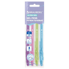 Ручки гелевые "BRAUBERG ULTRA GEL PASTEL", НАБОР 4 ШТУКИ, СИНИЕ, стандартный наконечник 0,5 мм, линия письма 0,35 мм, 144282
