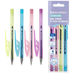 Ручки гелевые &laquo;BRAUBERG ULTRA GEL PASTEL&raquo;, НАБОР 4 ШТУКИ, СИНИЕ, стандартный наконечник 0,5 мм, линия письма 0,35 мм, 144282