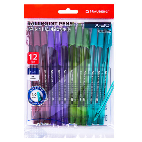 Ручки шариковые BRAUBERG X-30 COLOR MIX, КОМПЛЕКТ 12 ШТ., СИНИЕ, пишущий узел 1 мм, линия письма 0,5 мм, 144336