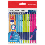 Ручки шариковые автоматические BRAUBERG A-30 COLOR MIX "WRITING 3.0", КОМПЛЕКТ 12 ШТ., СИНИЕ, узел 0,5 мм, линия 0,25 мм, 144342