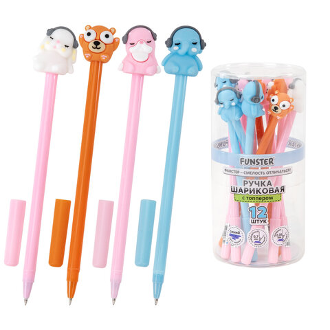 Ручка с топпером шариковая масляная FUNSTER (ФАНСТЕР) "TOPPER MIX", СИНЯЯ, корпус ассорти, пишущий узел 0,7 мм, линия письма 0,35 мм, 144368