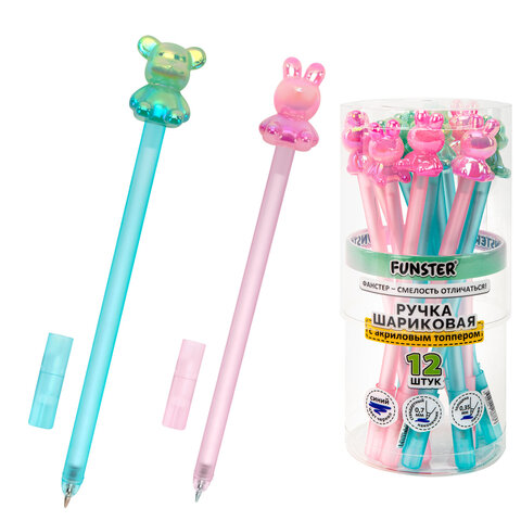 Ручка с акриловым топпером шариковая FUNSTER (ФАНСТЕР) "BEAR&BUNNY", СИНЯЯ, ассорти, пишущий узел 0,7 мм, линия письма 0,35 мм, 144372