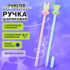 Ручка с акриловым топпером шариковая FUNSTER (ФАНСТЕР) "BEAR&amp;BUNNY", СИНЯЯ, ассорти, пишущий узел 0,7 мм, линия письма 0,35 мм, 144372