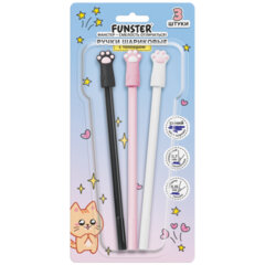 Ручки с топпером шариковые FUNSTER (ФАНСТЕР) &laquo;CAT PAWS&raquo;, НАБОР 3 ШТУКИ, СИНИЕ, пишущий узел 0,7 мм, линия письма 0,35 мм, 144375