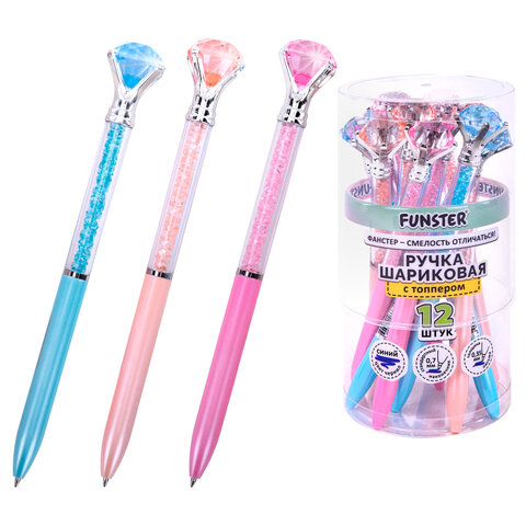 Ручка поворотная с топпером шариковая FUNSTER (ФАНСТЕР) "SHINE BRIGHT", СИНЯЯ, ассорти, пишущий узел 0,7 мм, линия письма 0,35 мм, 144377