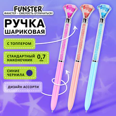 Ручка поворотная с топпером шариковая FUNSTER (ФАНСТЕР) "SHINE BRIGHT", СИНЯЯ, ассорти, пишущий узел 0,7 мм, линия письма 0,35 мм, 144377