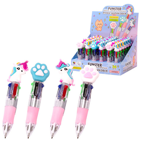 Ручка мини многоцветная с топпером шариковая автоматическая 4 ЦВЕТА FUNSTER (ФАНСТЕР) "MIX", ассорти, узел 0,7 мм, письма 0,35, 144378