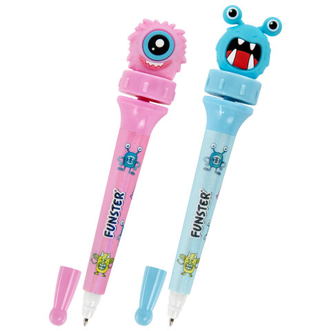 Ручка-спиннер с топпером шариковая FUNSTER (ФАНСТЕР) "MONSTERS", СИНЯЯ, ассорти, пишущий узел 0,7 мм, линия письма 0,35 мм, 144381