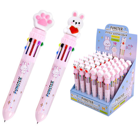 Ручка многоцветная с топпером шариковая автоматическая 10 ЦВЕТОВ FUNSTER (ФАНСТЕР) "WOW", ассорти, узел 0,7 мм, линия 0,35 мм, 144382