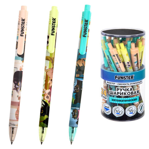 Ручка шариковая автоматическая с принтом FUNSTER (ФАНСТЕР) "CUTE ANIMALS", корпус soft-touch, СИНЯЯ, узел 0,7 мм, линия 0,35 мм, 144402