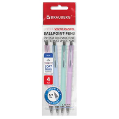 Ручки шариковые автоматические BRAUBERG &laquo;VIVID PASTEL&raquo;, СИНИЕ, НАБОР 4 ШТУКИ, soft-touch, пишущий узел 0,7 мм, линия письма 0,35 мм, 144408