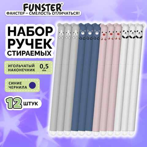 Ручки гелевые стираемые FUNSTER (ФАНСТЕР) "CUTE ANIMALS", СИНИЕ, НАБОР 12 ШТ., корпус soft-touch, узел 0,5 мм, линия письма 0,35 мм, 144435 - фото 2