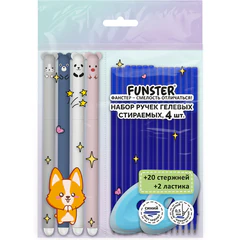 Ручки гелевые стираемые FUNSTER (ФАНСТЕР) &laquo;CUTE ANIMALS&raquo;, СИНИЕ, НАБОР 4 ШТ., 20 стержней, 2 ластика, узел 0,5 мм, линия 0,35 мм, 144436