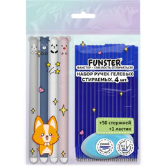 Ручки гелевые стираемые FUNSTER (ФАНСТЕР) &laquo;CUTE ANIMALS&raquo;, СИНИЕ, НАБОР 4 ШТ., 50 стержней, 1 ластик, узел 0,5 мм, линия 0,35 мм, 144437