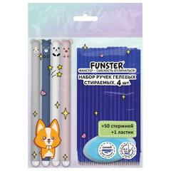 Ручки гелевые стираемые FUNSTER (ФАНСТЕР) &laquo;CUTE ANIMALS&raquo;, СИНИЕ, НАБОР 4 ШТ., 50 стержней, 1 ластик, узел 0,5 мм, линия 0,35 мм, 144437