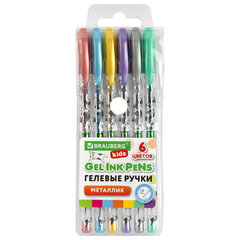 Ручки гелевые МЕТАЛЛИК BRAUBERG KIDS &laquo;CUTE ANIMALS&raquo;, НАБОР 6 ЦВЕТОВ, корпус с печатью, узел 1 мм, линия письма 0,7 мм, 144440
