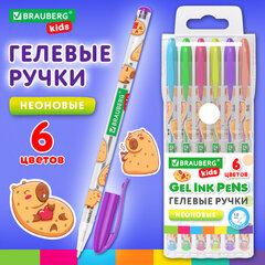 Ручки гелевые НЕОНОВЫЕ BRAUBERG KIDS "CUTE ANIMALS", НАБОР 6 ЦВЕТОВ, корпус с печатью, узел 1 мм, линия письма 0,7 мм, 144442