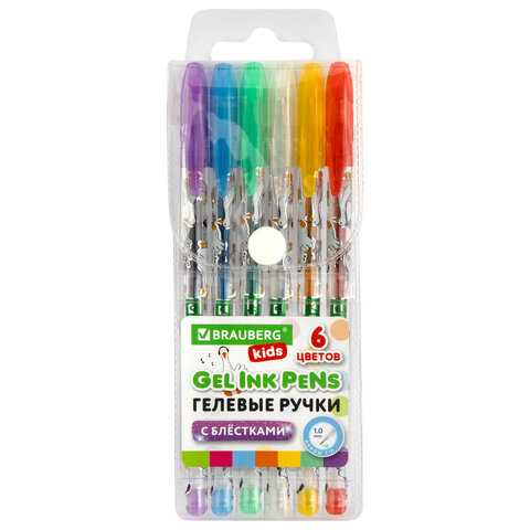 Ручки гелевые С БЛЕСТКАМИ BRAUBERG KIDS "CUTE ANIMALS", НАБОР 6 ЦВЕТОВ, корпус с печатью, узел 1 мм, линия письма 0,7 мм, 144443