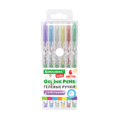 Ручки гелевые С БЛЕСТКАМИ BRAUBERG KIDS "CUTE ANIMALS", НАБОР 6 ЦВЕТОВ, корпус с печатью, узел 1 мм, линия письма 0,7 мм, 144443