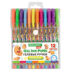 Ручки гелевые НЕОНОВЫЕ BRAUBERG KIDS &laquo;CUTE ANIMALS&raquo;, НАБОР 12 ЦВЕТОВ, корпус с печатью, узел 1 мм, линия письма 0,7 мм, 144444
